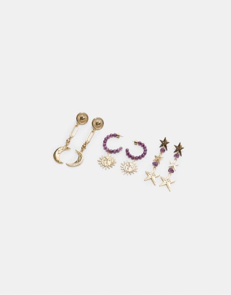 Stradivarius - Lot de 3 paires de boucles d'oreilles avec perles et lune - Doré - view 1
