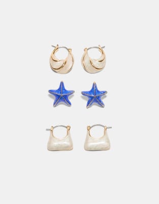 Stradivarius - Lot de 3 paires de boucles d'oreilles étoiles et créoles en émail - Bleu