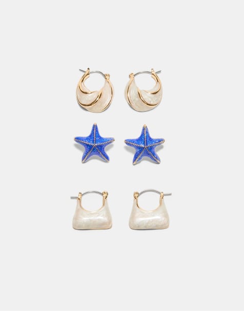 Stradivarius - Lot de 3 paires de boucles d'oreilles étoiles et créoles en émail - Bleu - view 1