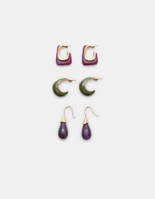 Lot de 3 paires de croles et boucles d'oreilles  pendant contrastantes - Lilas - Stradivarius - Modalova