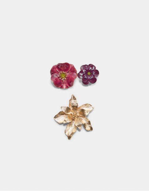 Stradivarius - Lot de 3 pins à fleurs - Doré - view 1