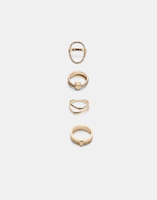 Stradivarius - Lot de 4 bagues brillantes - Doré-Jaune