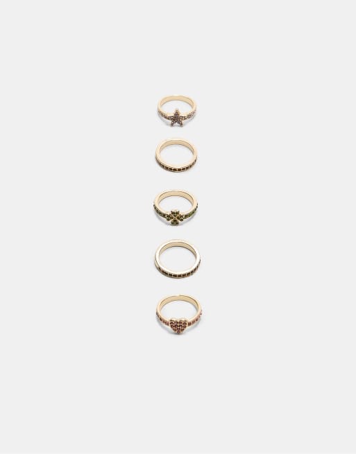 Stradivarius - Lot de 5 bagues à strass - Doré