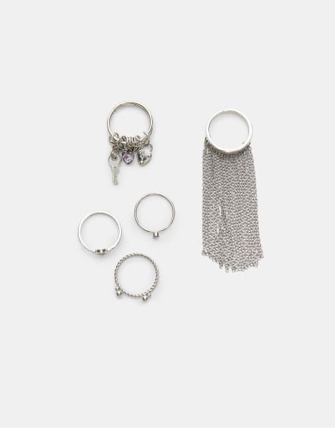 Stradivarius - Lot de 5 bagues contrastantes avec détails en cascade - Gris - view 1