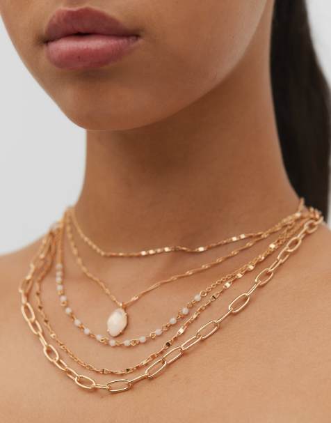 Stradivarius - Lot de 5 colliers avec charm en pierre rose - Doré - view 1