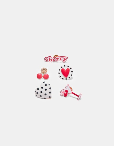 Stradivarius - Lot de 5 pin's à motif cœur et cerise - Rouge - view 1