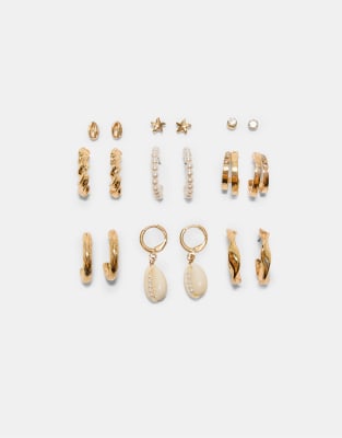 Lot de 9 paires de boucles d'oreilles coquillage - Doré-Jaune M