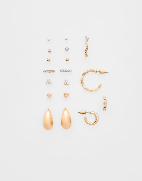 Stradivarius - Lot de 9 mini boucles d'oreilles gouttes d'eau - Doré - view 1