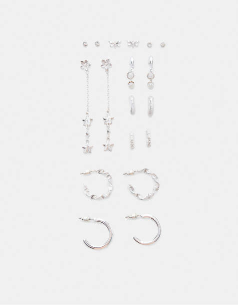 Stradivarius - Lot de 9 paires de boucles d'oreilles à fermoir papillon - Gris - view 1