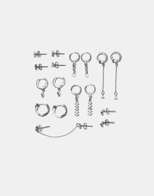 Stradivarius - Lot de 9 paires de boucles d'oreilles à strass et motif cerise - Gris
