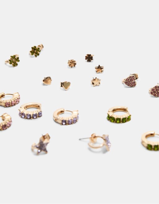 Stradivarius - Lot de 9 paires de boucles d'oreilles brillantes - Doré