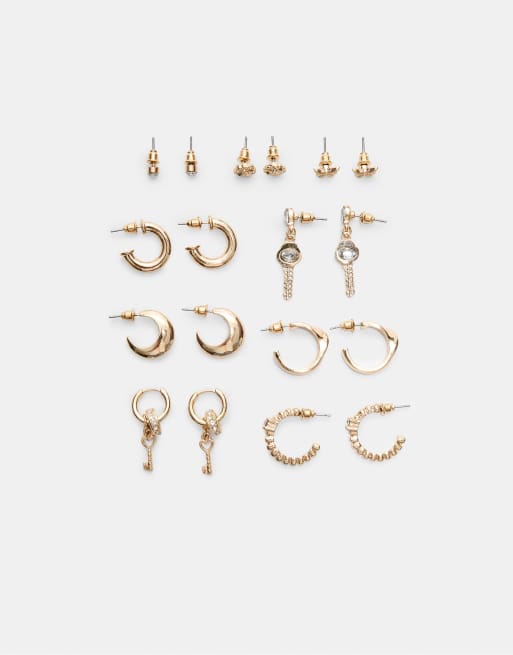 Stradivarius - Lot de 9 paires de boucles d'oreilles brillantes - Doré