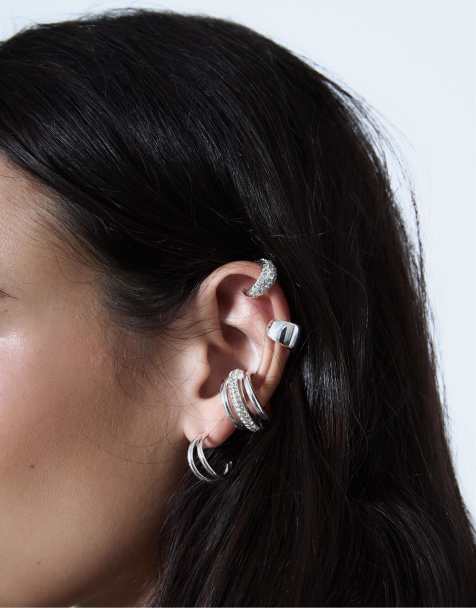 Stradivarius - Lot de créoles et bijoux d'oreilles ornés de strass - Gris - view 1