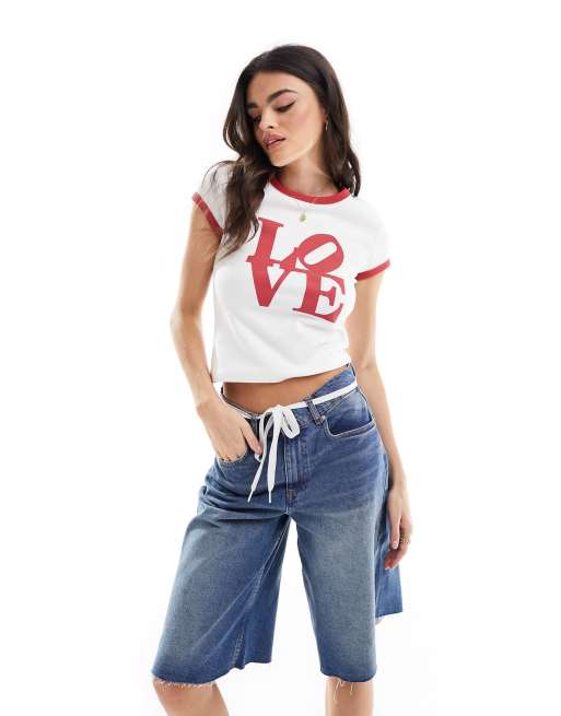 Stradivarius love print tee in white