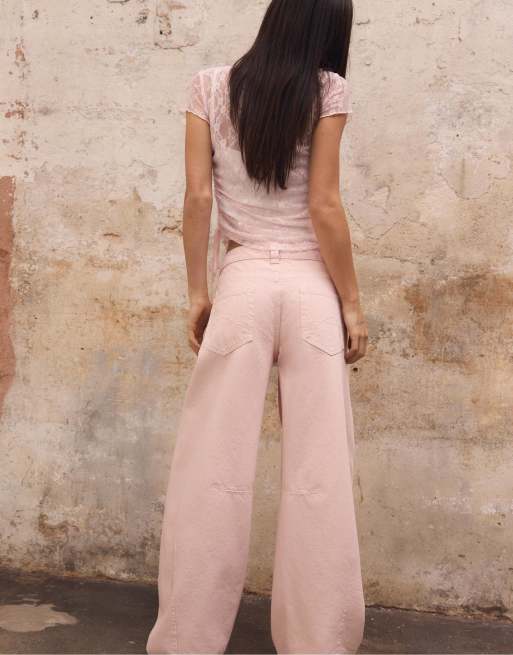 Stradivarius Low-rise barrel jeans in pastel pink, 3 of 4