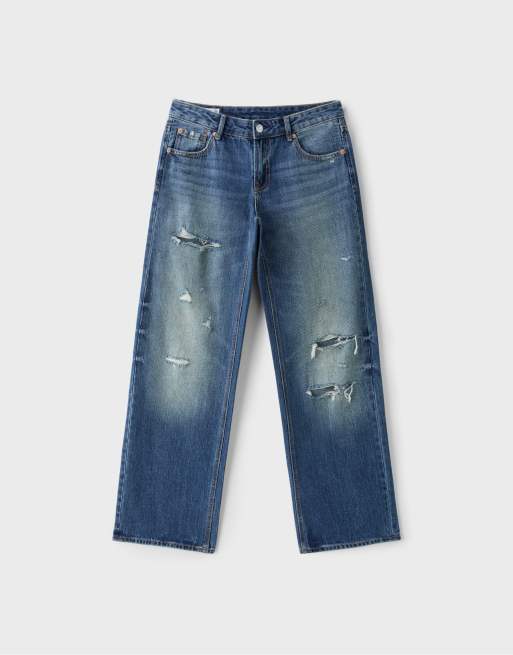 Stradivarius Low-rise Straight-Jeans mit Rissen in mittlerer Denim-Waschung, 6 von 7