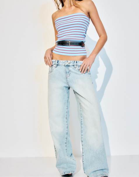 Stradivarius Low-rise straight jeans with studded pockets in overdyed blue denim - view 1