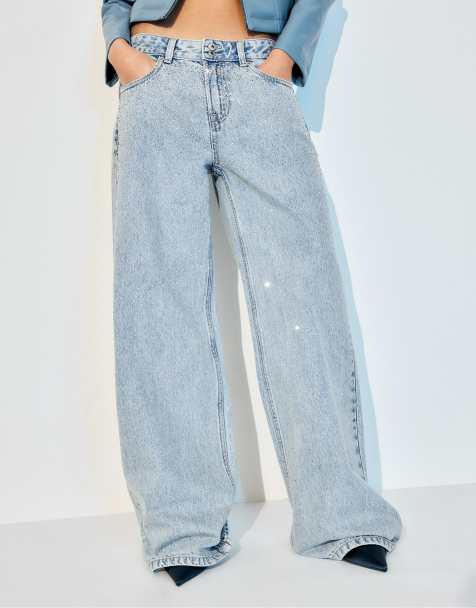 Stradivarius Low-rise wide-leg jeans with rhinestones in medium light blue denim - view 1