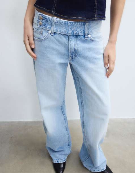Stradivarius Low-waist straight-leg hammer-loop jeans in medium light blue denim - view 1