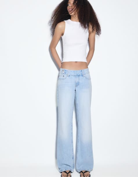 Stradivarius Low-waist straight-leg hammer-loop jeans in medium light blue denim
