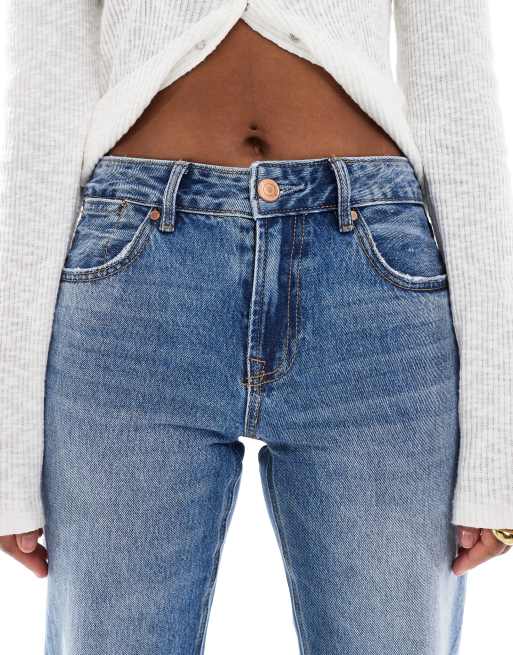 Stradivarius low waist straight leg jean in medium wash blue ASOS
