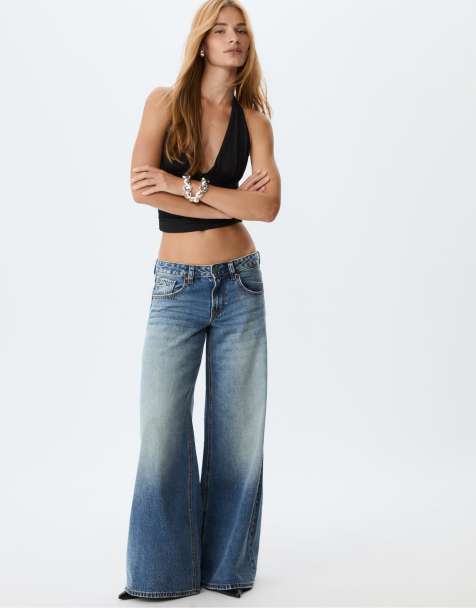 Stradivarius Low-waist wide-leg jeans with stars in medium blue denim - view 1