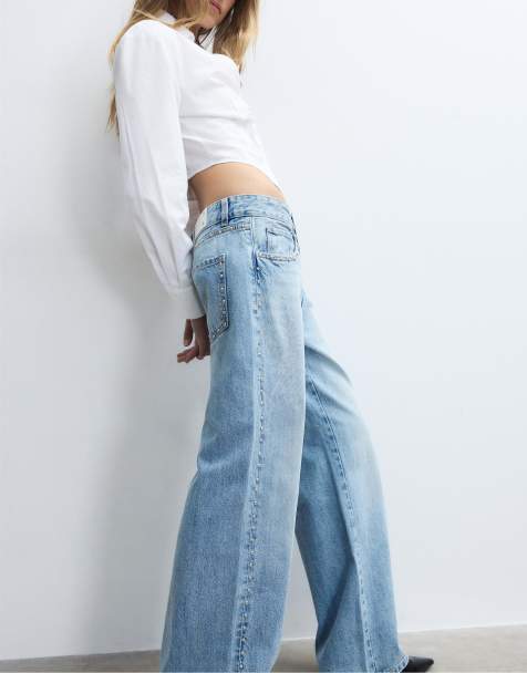 Stradivarius - Løstsiddende jeans med brede ben og nitter i lyseblåt denim - view 1