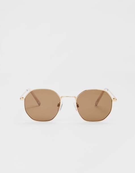 Stradivarius - Lunettes de soleil à monture hexagonale en métal - Marron - view 1