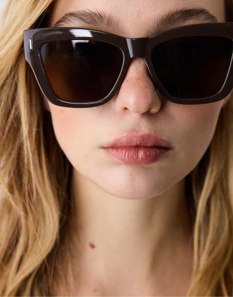 Stradivarius - Lunettes de soleil en résine avec monture œil de chat carrée - Marron - view 1