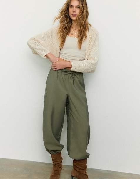 Stradivarius Lyocell sarouel trousers in khaki