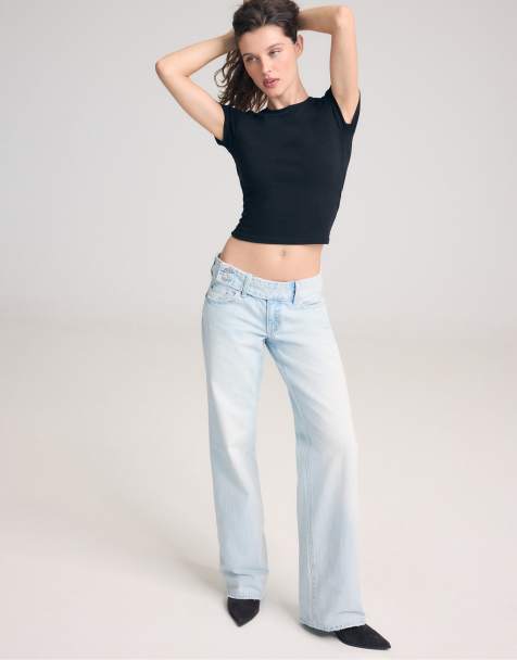 Stradivarius - Lyse afblegede jeans med lav talje og lige ben samt linning i bredt bæltedesign - view 1