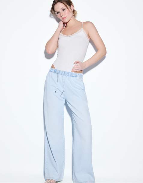 Stradivarius - Lyse mellemblå flagrende denimbukser med løbesnor - view 1