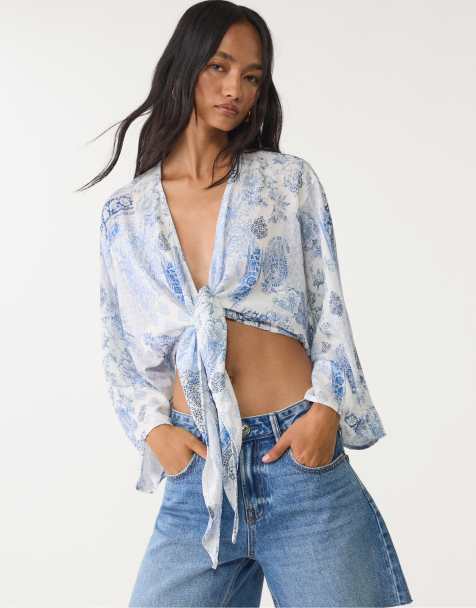 Stradivarius - Lyseblå bluse med knudedetalje - view 1