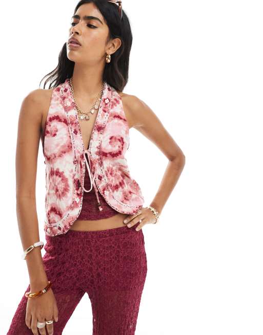 Stradivarius - Lyserød og hvid vest med batikprint og bindebånd