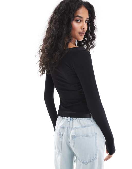 Stradivarius - Maglietta a maniche lunghe nera senza cuciture, 4 di 4