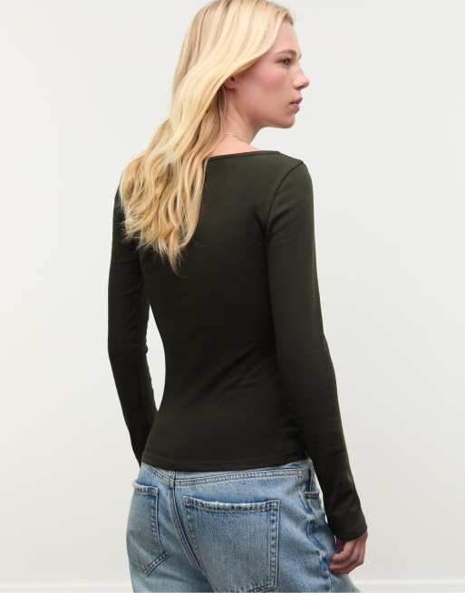 Stradivarius - Maglietta a maniche lunghe verde con arricciatura, 2 di 4