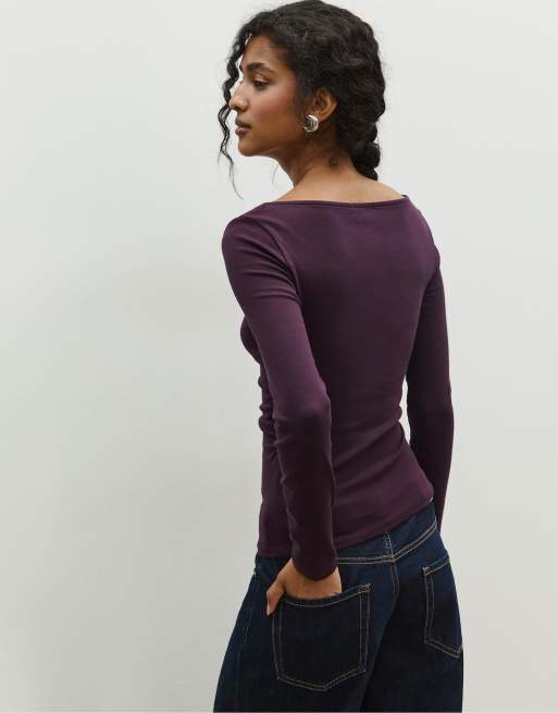 Stradivarius - Maglietta a maniche lunghe viola con arricciatura, 3 di 4