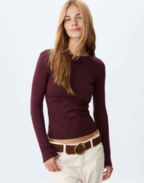 Stradivarius - Maglietta basic a maniche lunghe color melanzana - view 1