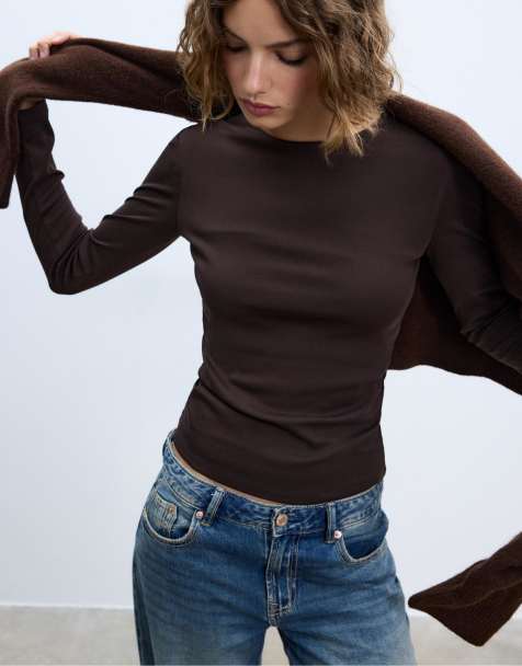 Stradivarius - Maglietta basic a maniche lunghe marrone - view 1