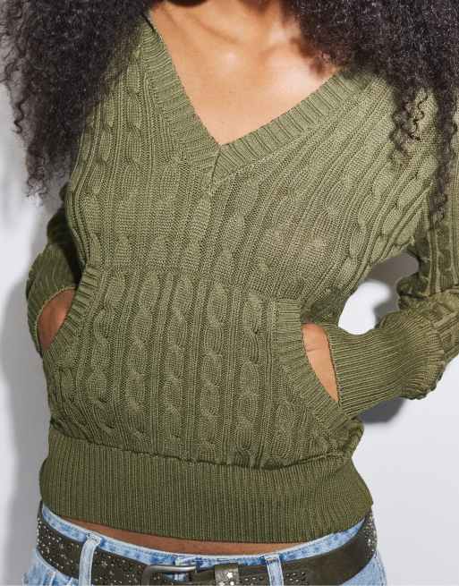 Stradivarius maglione a trecce con cappuccio color kaki, 4 di 7