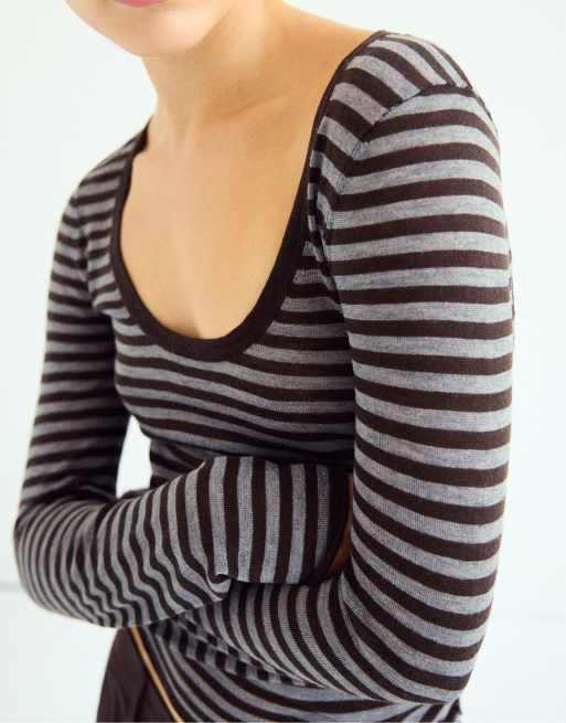 Stradivarius maglione basic girocollo in lana e seta marrone, 4 di 7