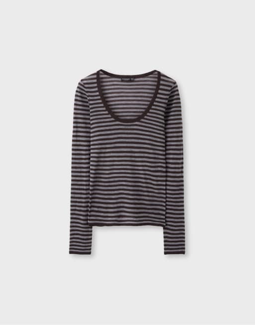 Stradivarius maglione basic girocollo in lana e seta marrone, 6 di 7