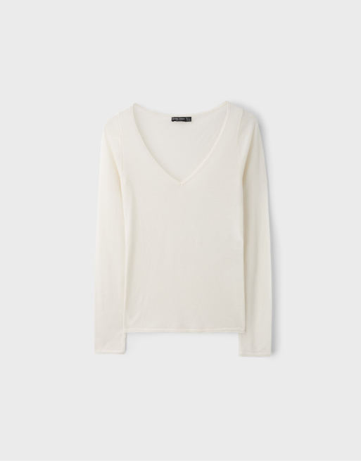 Stradivarius maglione basic in lana e seta con scollo a V color vaniglia, 5 di 6