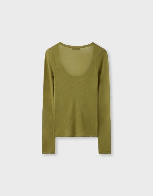 Stradivarius maglione basic in lana e seta con scollo rotondo verde oliva, 7 di 7