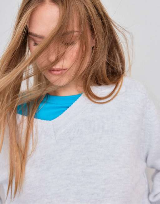 Stradivarius maglione basic in maglia con scollo a V grigio mélange, 4 di 7