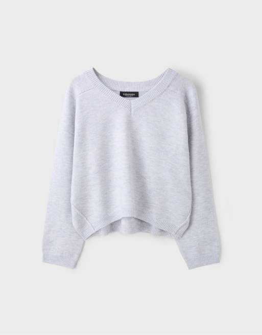 Stradivarius maglione basic in maglia con scollo a V grigio mélange, 6 di 7