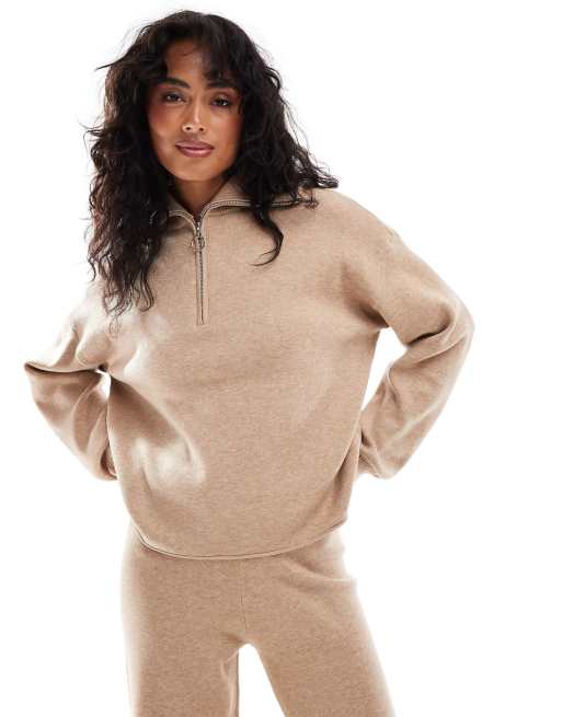 Stradivarius - Maglione beige con zip corta in coordinato