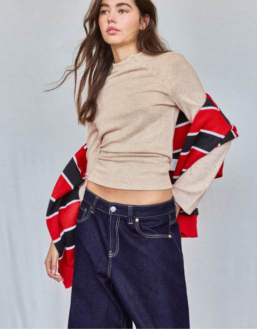 Stradivarius maglione con collo a imbuto e bottoni, colore pietra, 5 di 7