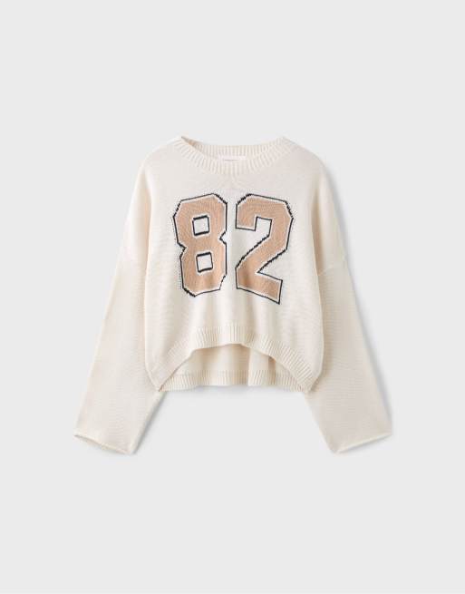 Stradivarius maglione corto in maglia Number color vaniglia, 6 di 7