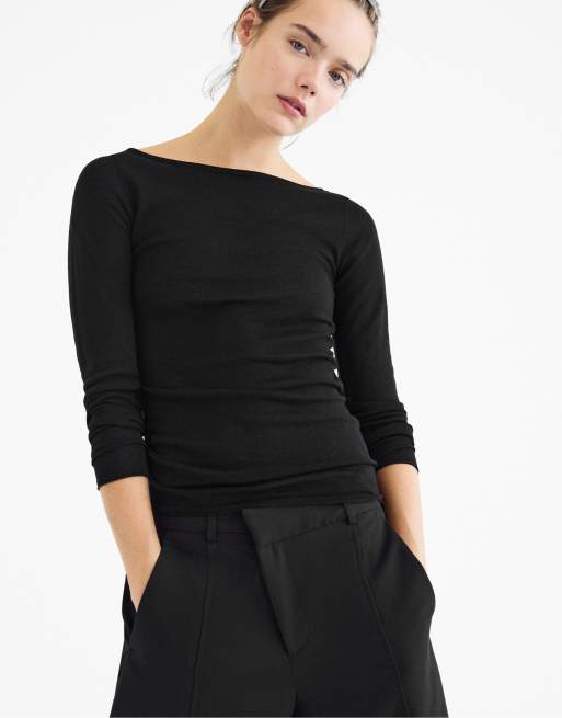 Stradivarius maglione in lana e seta con scollo a barchetta nero, 2 di 7